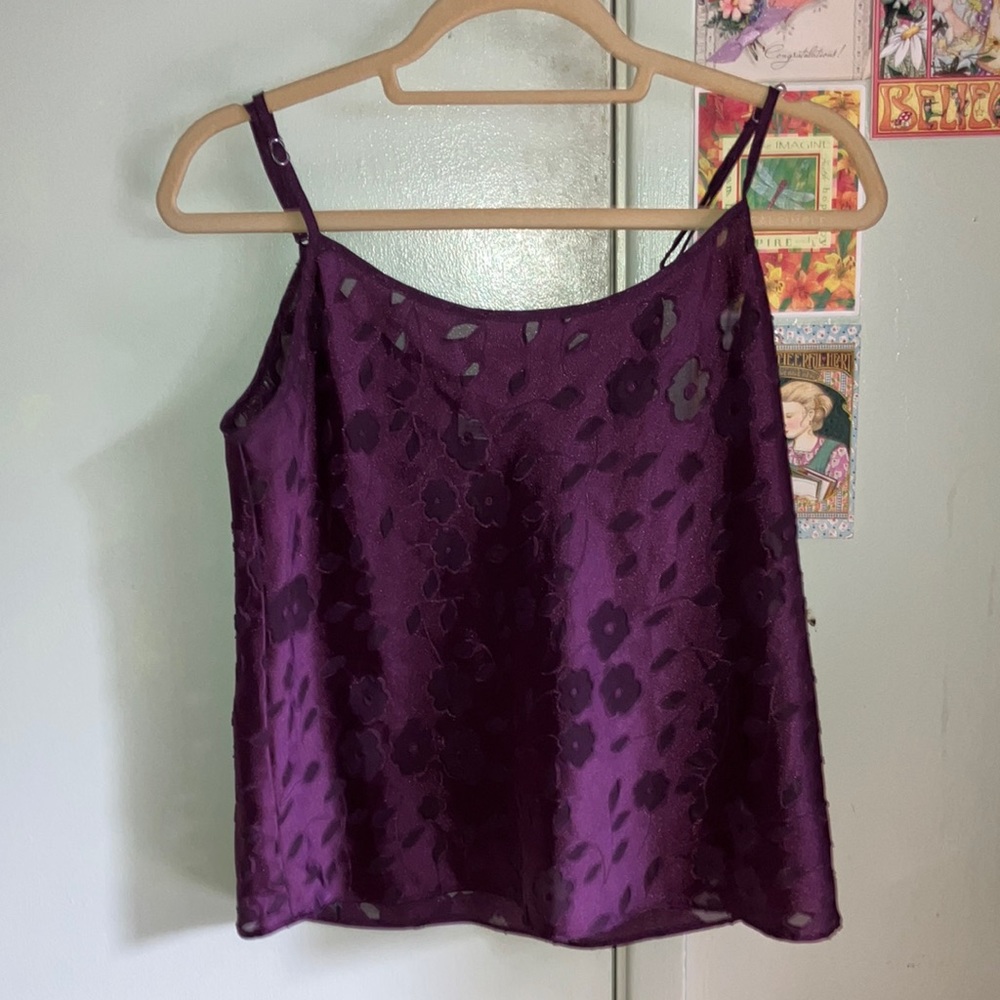 Cinema etoile, purple polyester and mesh flowered tank top. VINTAGE